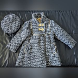 Penelope Mack peacoat with matching beret, 4T, Black and White with Gold details